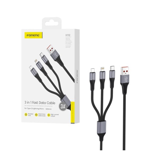 Cabo 2 em 1 Foneng X112 USB to Micro+Tipo-c+Lightning 3A1 1,2M Branco